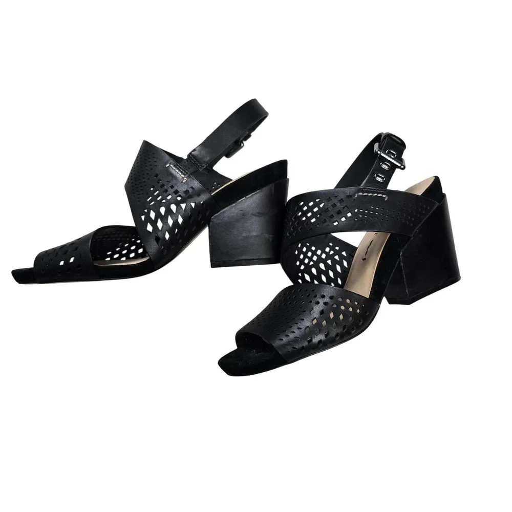 Naked Feet Leo‎ Sandals Womens 8.5 Black Leather Block Heel Laser Cut